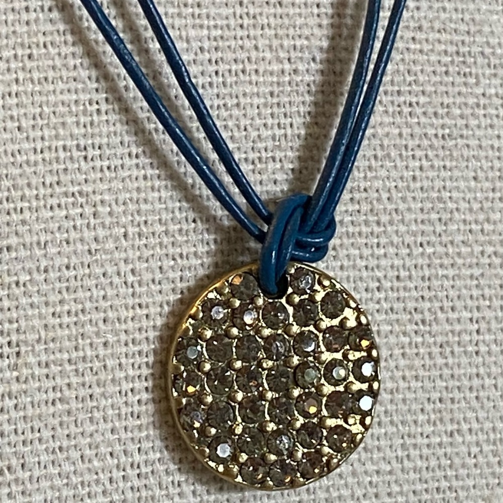 Lia Sophia Spotlight Crystal Pave Coin Gold Tone Pendant Blue Cord Necklace